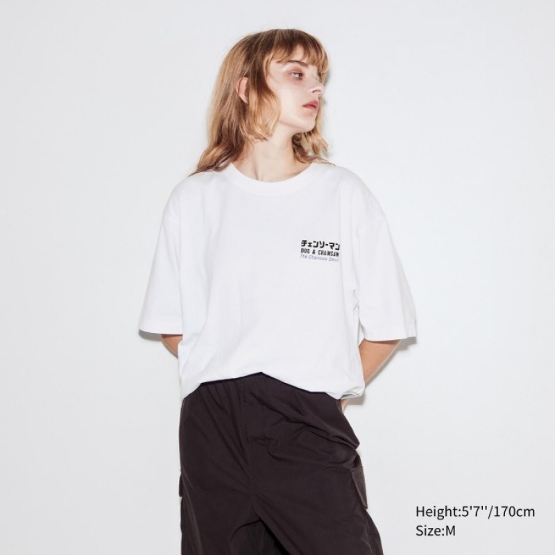 T Shirts Uniqlo Chainsaw Man × Kosuke Kawamura UT Oversized Short-Sleeve Pochita Femme Blanche | 2970881