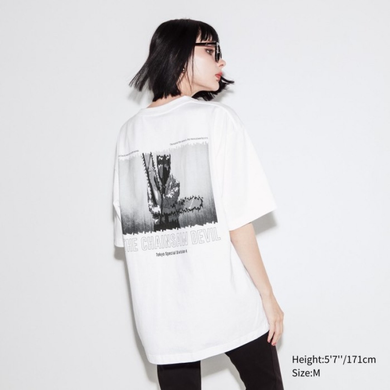 T Shirts Uniqlo Chainsaw Man × Kosuke Kawamura UT Oversized Short-Sleeve Denji Femme Blanche | 7204099