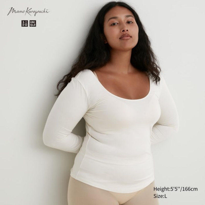 T Shirts Uniqlo HEATTECH Ballet Neck Long-Sleeve Silk Blend Femme Blanche | 2231849