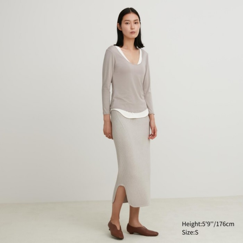 T Shirts Uniqlo HEATTECH Ballet Neck Long-Sleeve Silk Blend Femme Grise | 547444