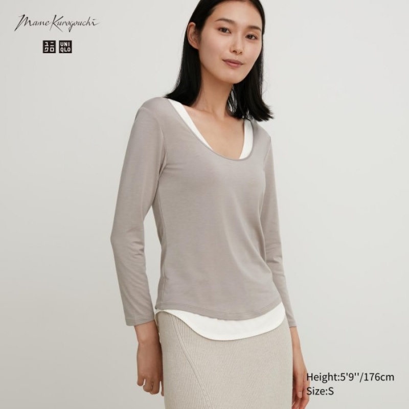 T Shirts Uniqlo HEATTECH Ballet Neck Long-Sleeve Silk Blend Femme Grise | 547444