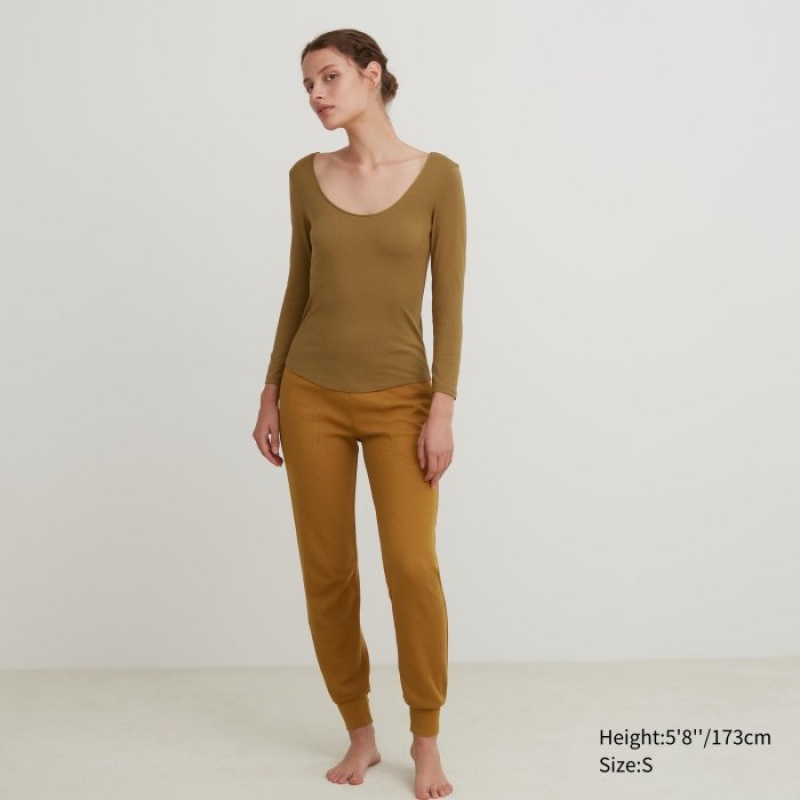 T Shirts Uniqlo HEATTECH Ballet Neck Long-Sleeve Silk Blend Femme Marron | 6932145