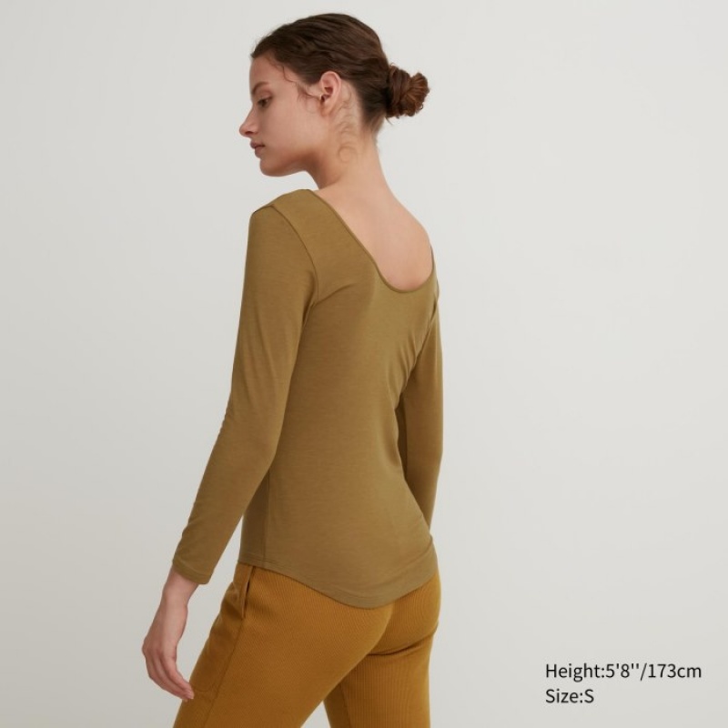 T Shirts Uniqlo HEATTECH Ballet Neck Long-Sleeve Silk Blend Femme Marron | 6932145