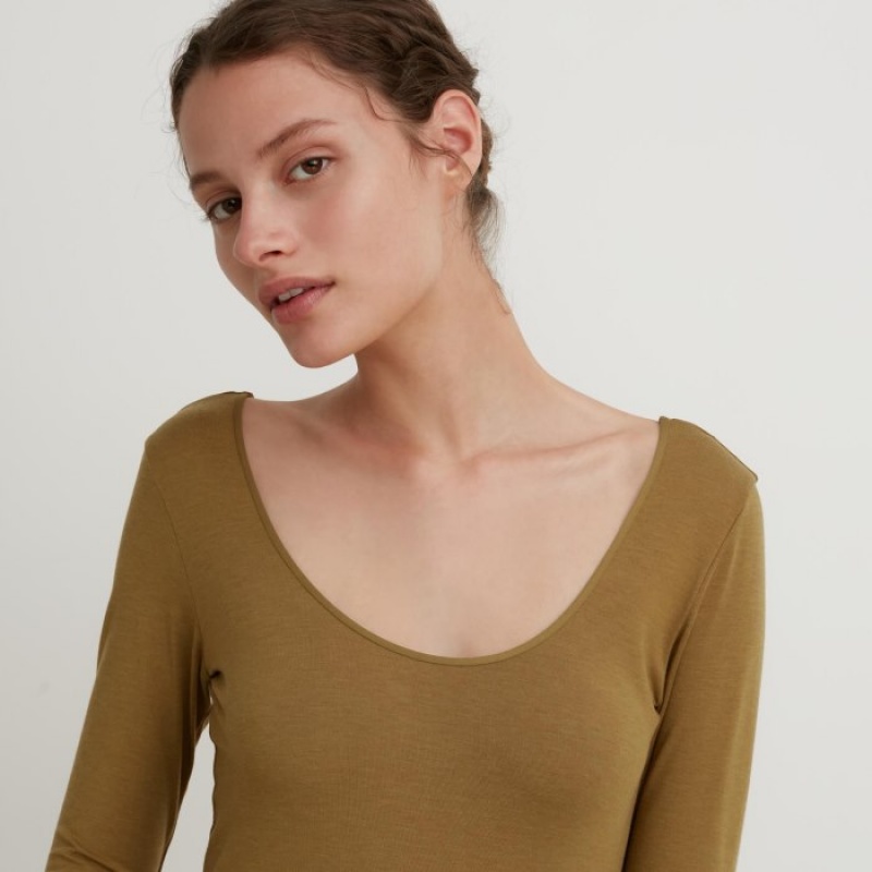 T Shirts Uniqlo HEATTECH Ballet Neck Long-Sleeve Silk Blend Femme Marron | 6932145