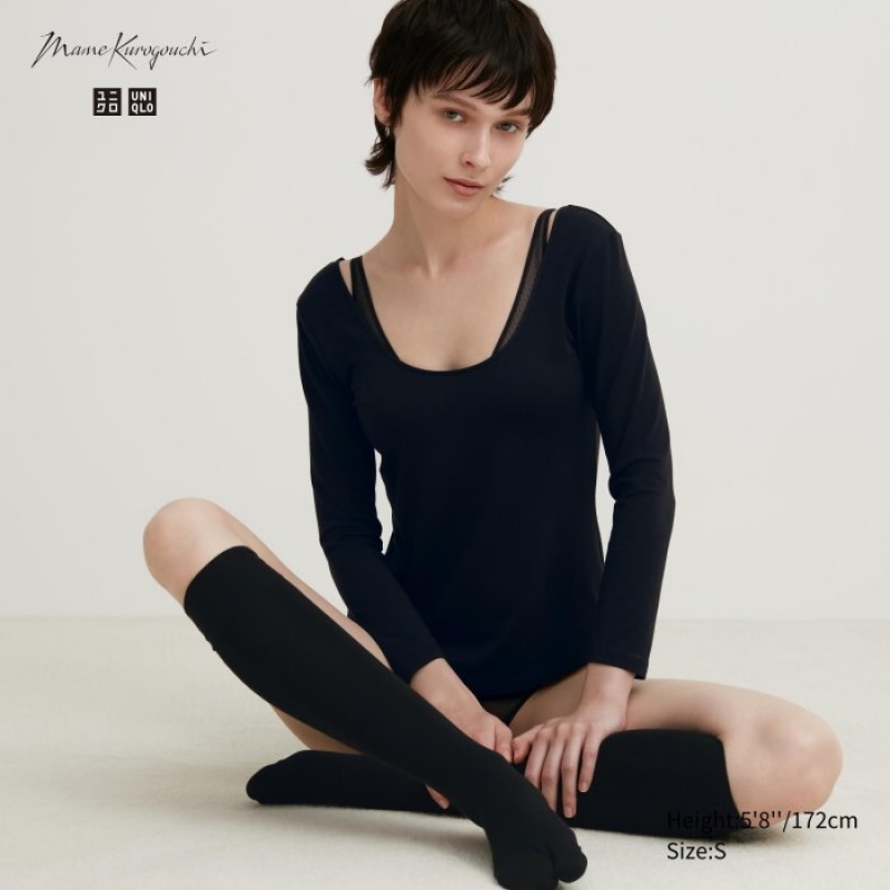 T Shirts Uniqlo HEATTECH Ballet Neck Long-Sleeve Silk Blend Femme Noir | 1902859