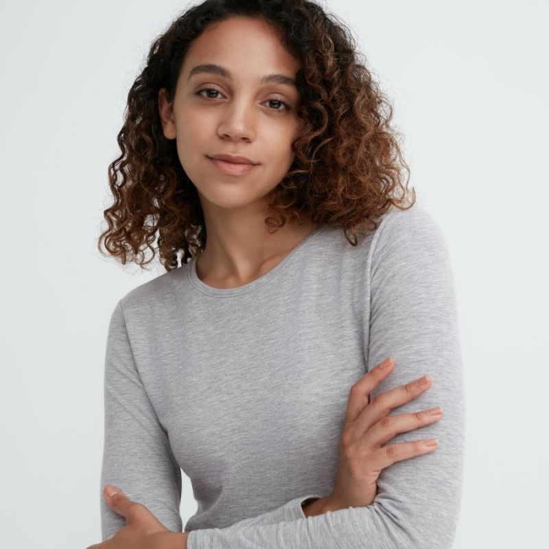 T Shirts Uniqlo HEATTECH Cotton Crew Neck Long-Sleeve Femme Grise | 2722284