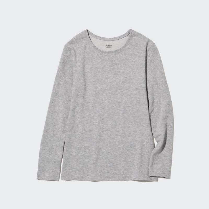 T Shirts Uniqlo HEATTECH Cotton Crew Neck Long-Sleeve Femme Grise | 2722284