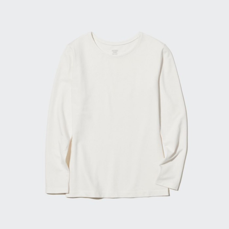 T Shirts Uniqlo HEATTECH Cotton Crew Neck Long-Sleeve Femme Blanche | 4640837