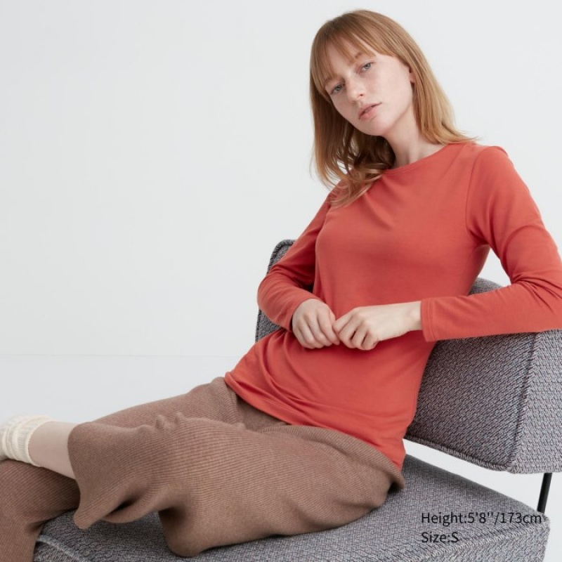 T Shirts Uniqlo HEATTECH Cotton Crew Neck Long-Sleeve Femme Rouge | 2213892