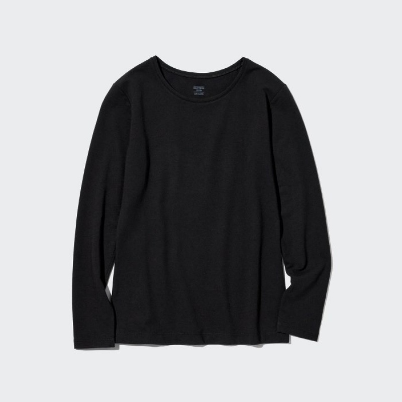 T Shirts Uniqlo HEATTECH Cotton Crew Neck Long-Sleeve Femme Noir | 7820817