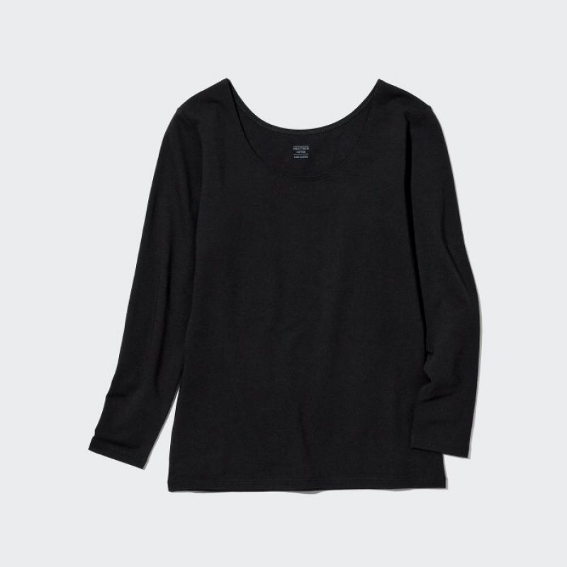 T Shirts Uniqlo HEATTECH Cotton Scoop Neck Long-Sleeve Femme Noir | 7290181