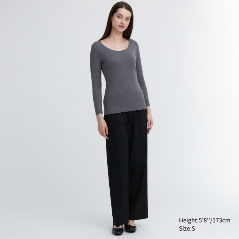 T Shirts Uniqlo HEATTECH Cotton Scoop Neck Long-Sleeve Femme Grise | 560043