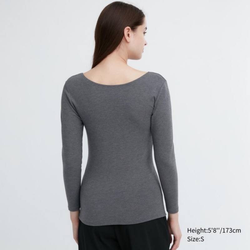 T Shirts Uniqlo HEATTECH Cotton Scoop Neck Long-Sleeve Femme Grise | 560043