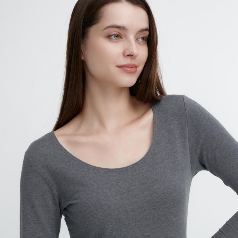 T Shirts Uniqlo HEATTECH Cotton Scoop Neck Long-Sleeve Femme Grise | 560043