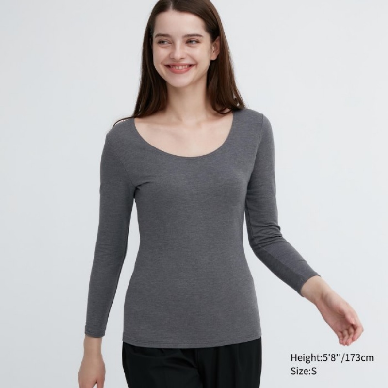 T Shirts Uniqlo HEATTECH Cotton Scoop Neck Long-Sleeve Femme Grise | 560043