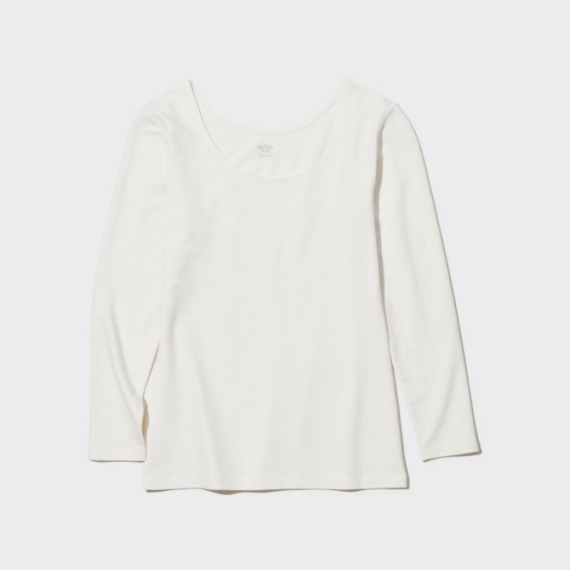 T Shirts Uniqlo HEATTECH Cotton Scoop Neck Long-Sleeve Femme Blanche | 7532198