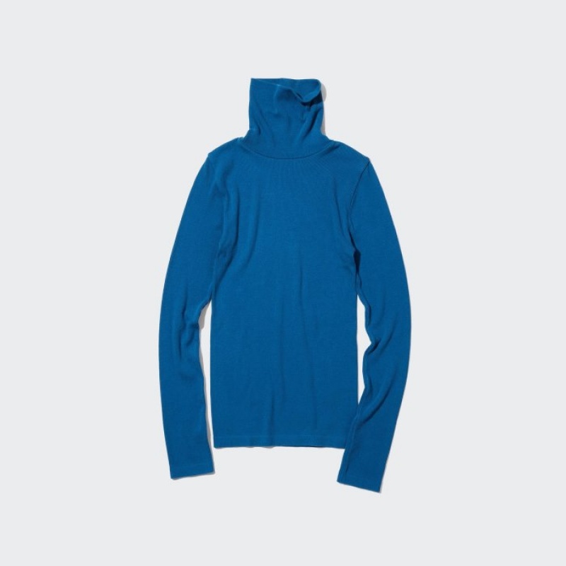 T Shirts Uniqlo HEATTECH Extra Warm Seamless Ribbed Turtleneck Long-Sleeve Femme Bleu | 9838954