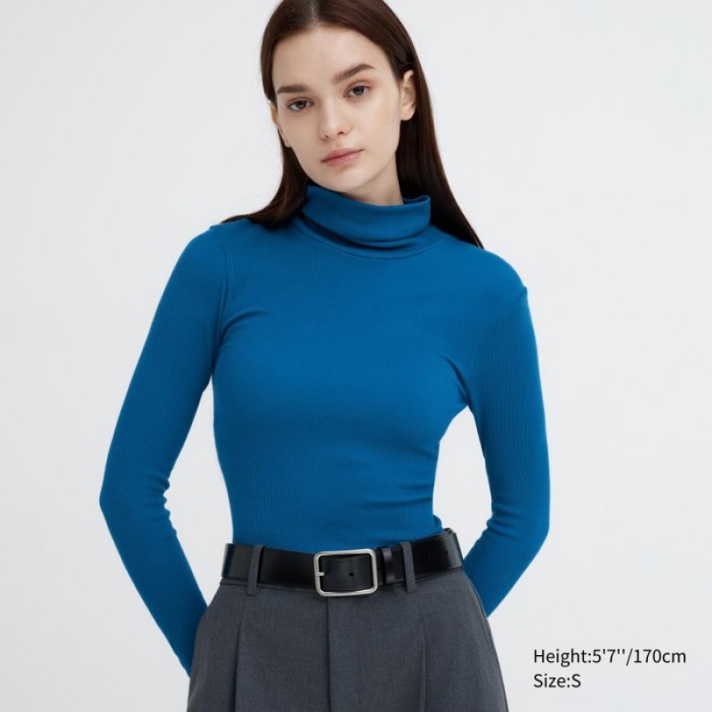 T Shirts Uniqlo HEATTECH Extra Warm Seamless Ribbed Turtleneck Long-Sleeve Femme Bleu | 9838954