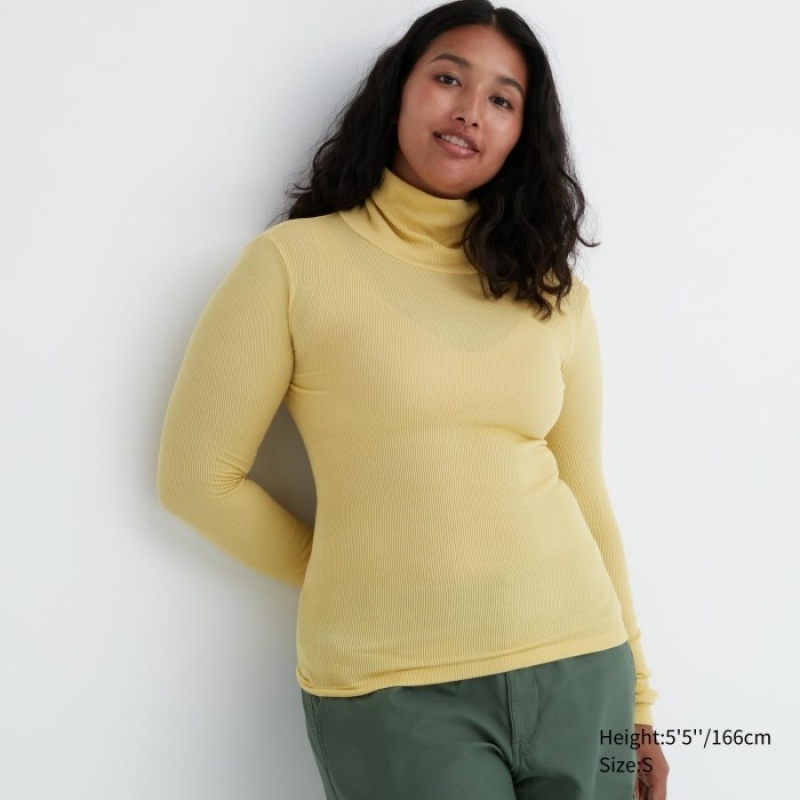 T Shirts Uniqlo HEATTECH Extra Warm Seamless Ribbed Turtleneck Long-Sleeve Femme Jaune | 2495559