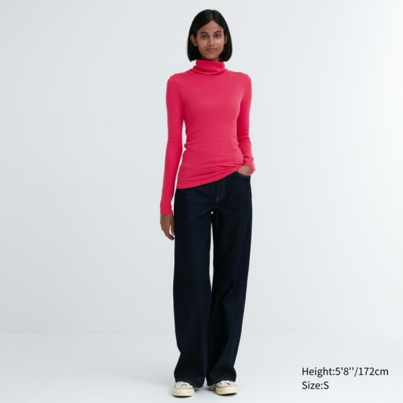 T Shirts Uniqlo HEATTECH Extra Warm Seamless Ribbed Turtleneck Long-Sleeve Femme Rose | 2265649