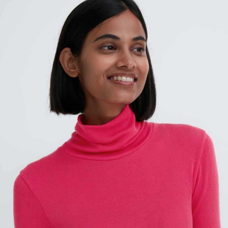 T Shirts Uniqlo HEATTECH Extra Warm Seamless Ribbed Turtleneck Long-Sleeve Femme Rose | 2265649