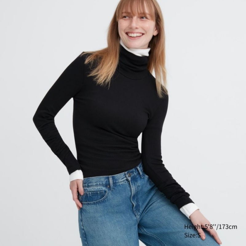 T Shirts Uniqlo HEATTECH Extra Warm Seamless Ribbed Turtleneck Long-Sleeve Femme Noir | 2250452