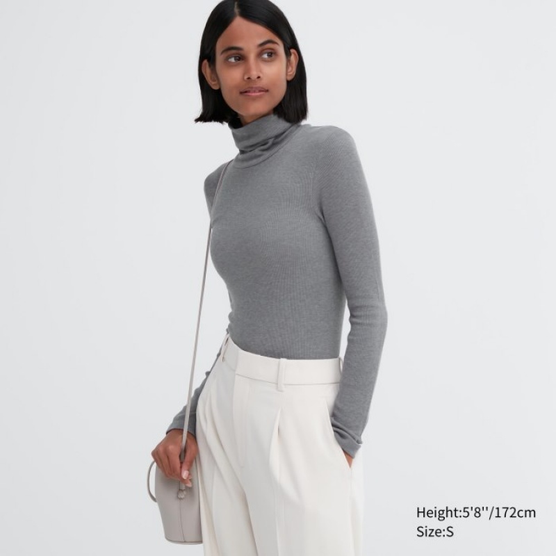 T Shirts Uniqlo HEATTECH Extra Warm Seamless Ribbed Turtleneck Long-Sleeve Femme Grise | 8221963