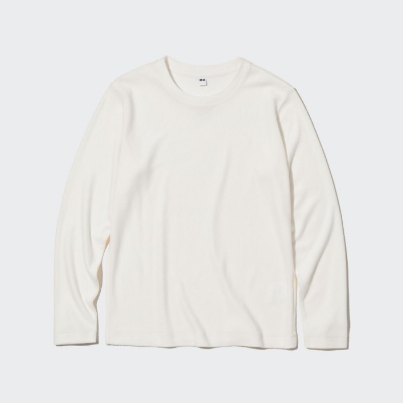 T Shirts Uniqlo HEATTECH Fleece Crew Neck Long-Sleeve Femme Blanche | 3712465