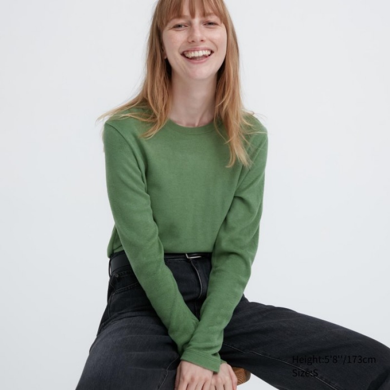 T Shirts Uniqlo HEATTECH Fleece Crew Neck Long-Sleeve Femme Vert | 3151481