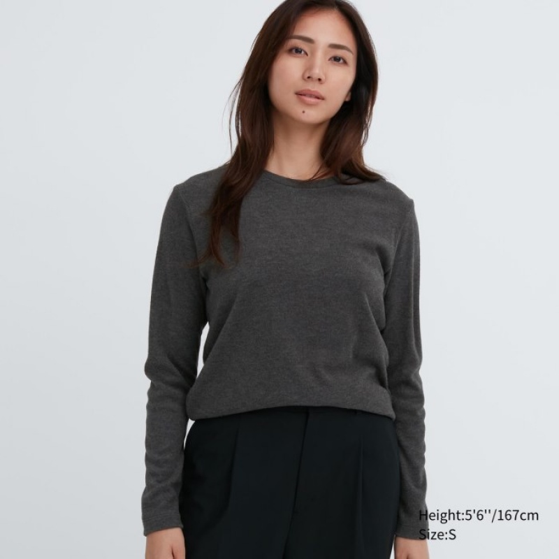 T Shirts Uniqlo HEATTECH Fleece Crew Neck Long-Sleeve Femme Grise | 6190919