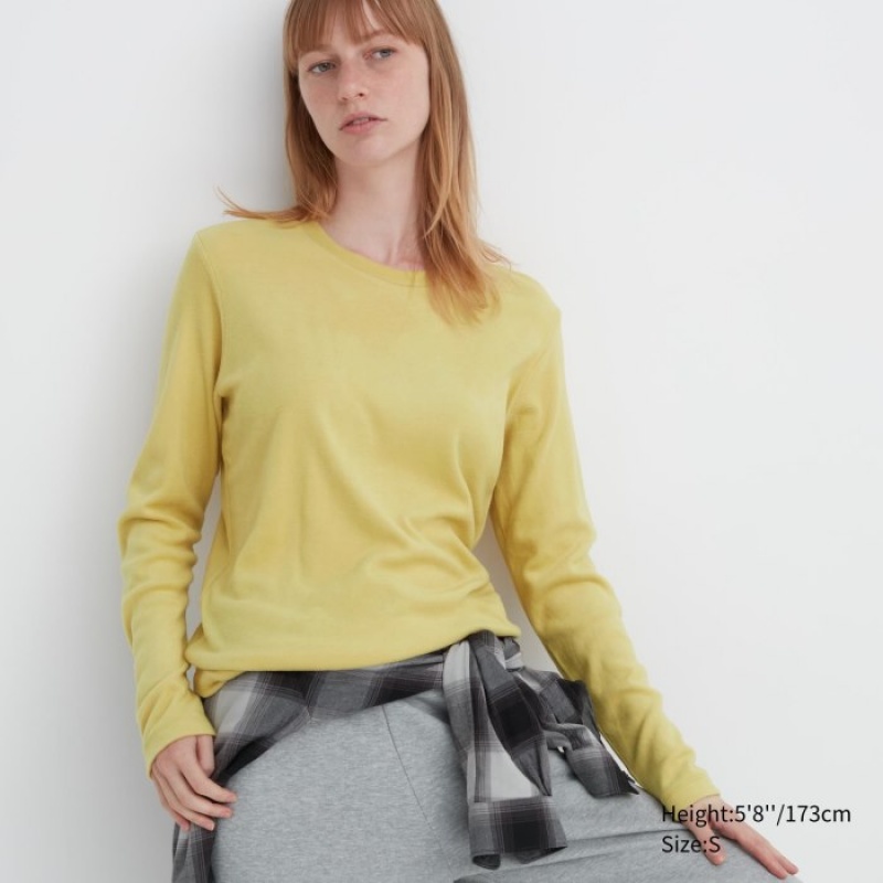 T Shirts Uniqlo HEATTECH Fleece Crew Neck Long-Sleeve Femme Jaune | 6057578