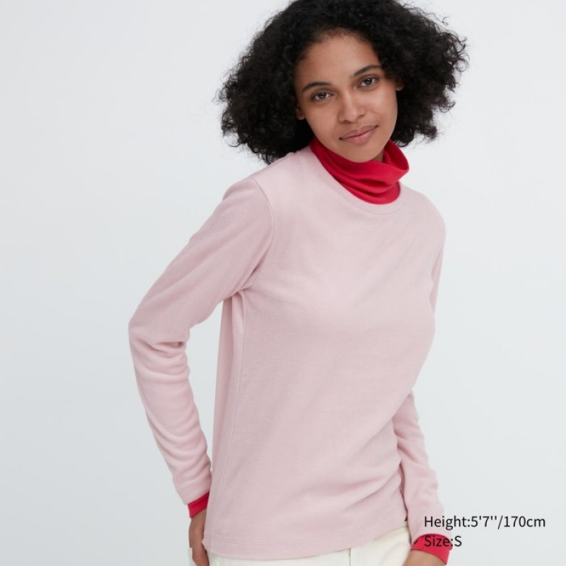 T Shirts Uniqlo HEATTECH Fleece Crew Neck Long-Sleeve Femme Rose | 6189671
