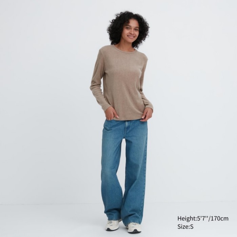T Shirts Uniqlo HEATTECH Fleece Crew Neck Long-Sleeve Femme Violette | 6593514
