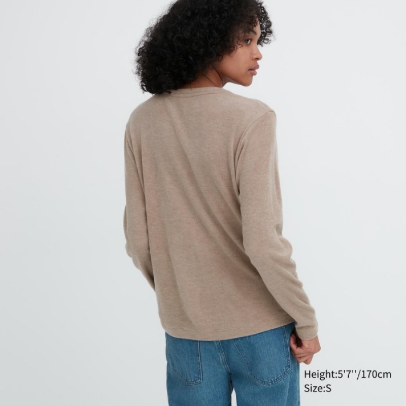 T Shirts Uniqlo HEATTECH Fleece Crew Neck Long-Sleeve Femme Violette | 6593514