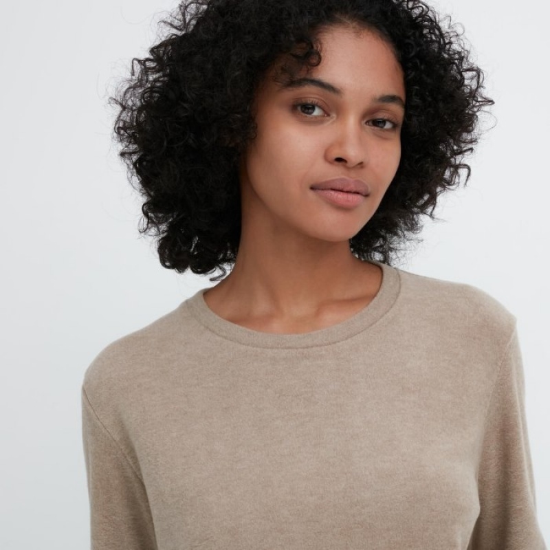 T Shirts Uniqlo HEATTECH Fleece Crew Neck Long-Sleeve Femme Violette | 6593514