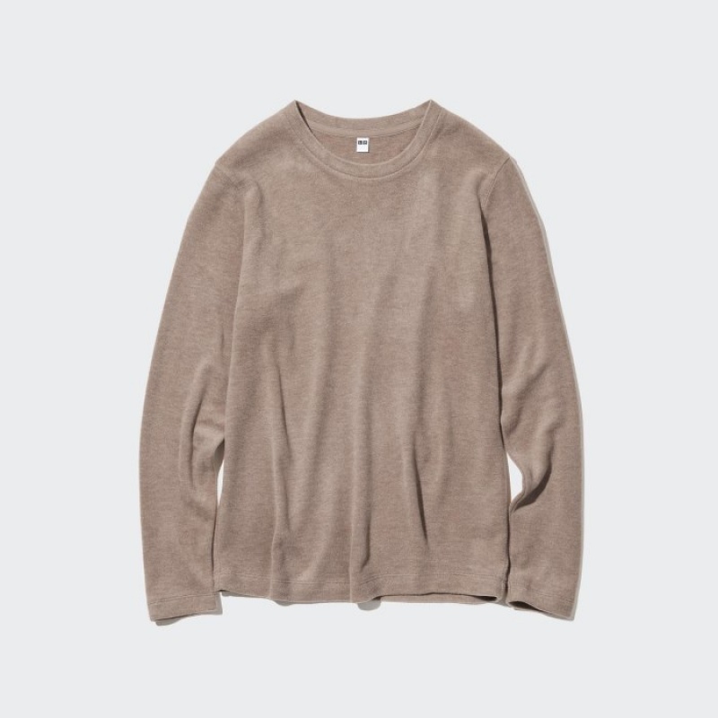 T Shirts Uniqlo HEATTECH Fleece Crew Neck Long-Sleeve Femme Violette | 6593514