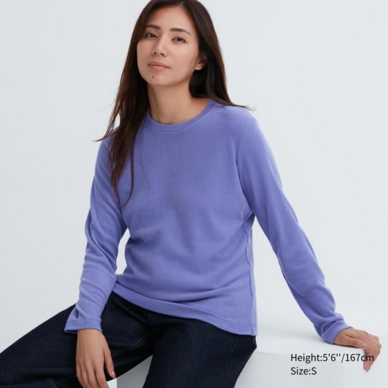 T Shirts Uniqlo HEATTECH Fleece Crew Neck Long-Sleeve Femme Violette | 6593514