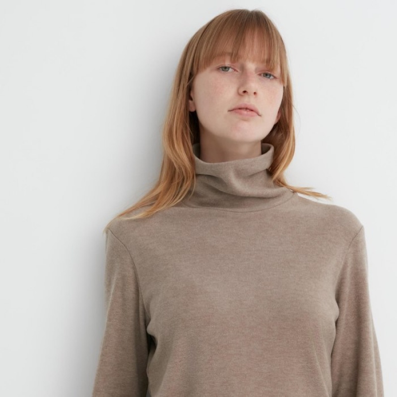 T Shirts Uniqlo HEATTECH Fleece Turtleneck Long-Sleeve Femme Jaune | 4179004