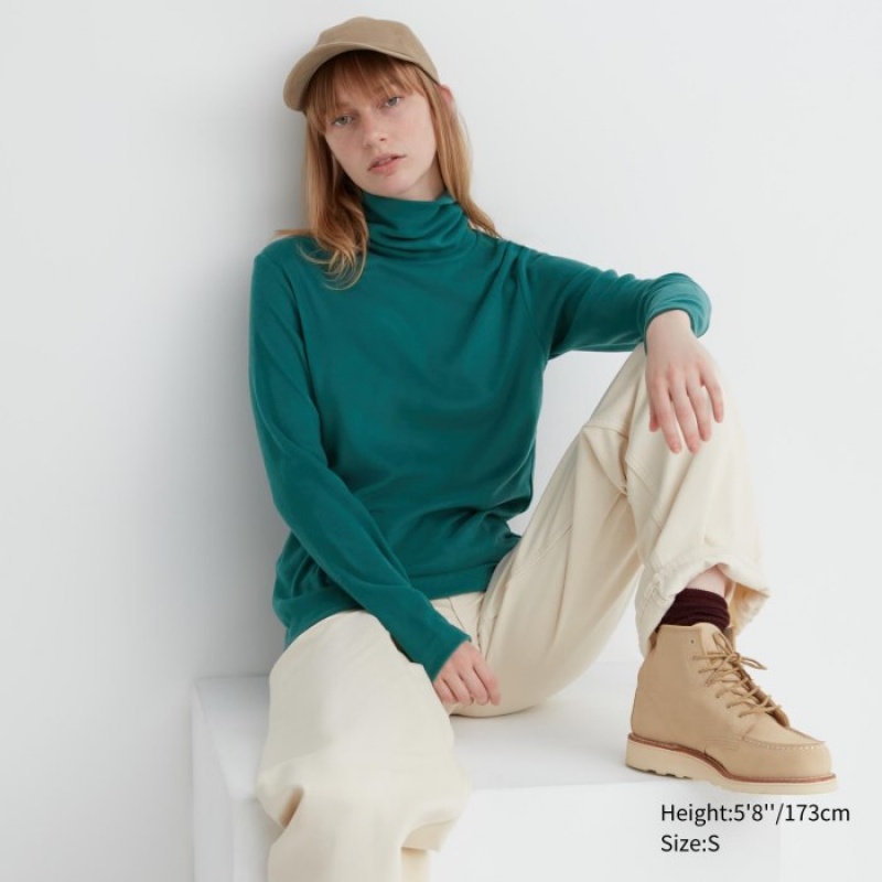 T Shirts Uniqlo HEATTECH Fleece Turtleneck Long-Sleeve Femme Vert | 3112889