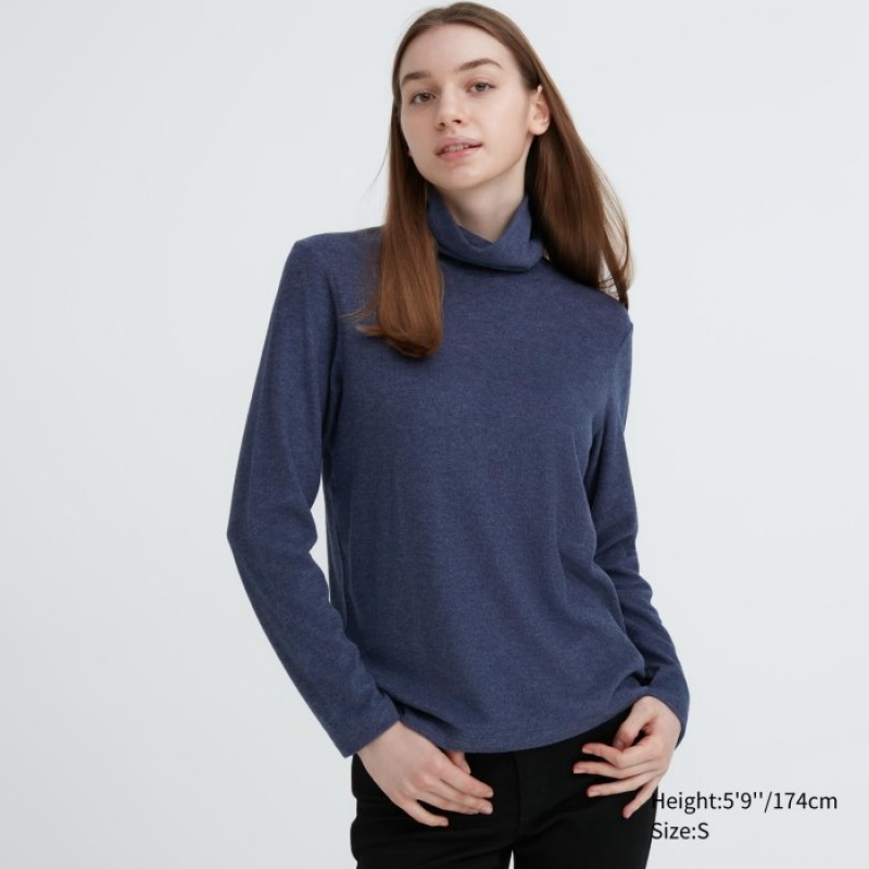T Shirts Uniqlo HEATTECH Fleece Turtleneck Long-Sleeve Femme Bleu | 8247875