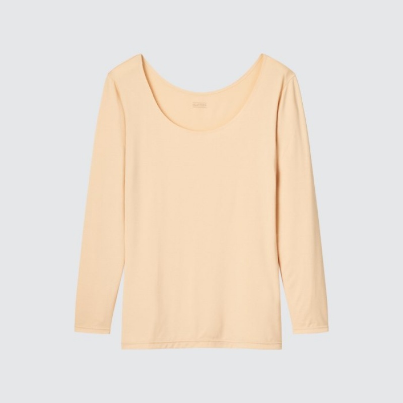 T Shirts Uniqlo HEATTECH Scoop Neck Long-Sleeve Femme Beige | 6544097