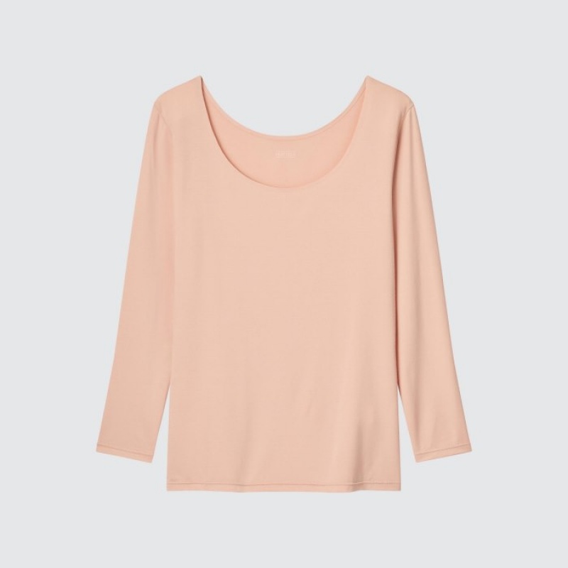 T Shirts Uniqlo HEATTECH Scoop Neck Long-Sleeve Femme Rose | 8999511