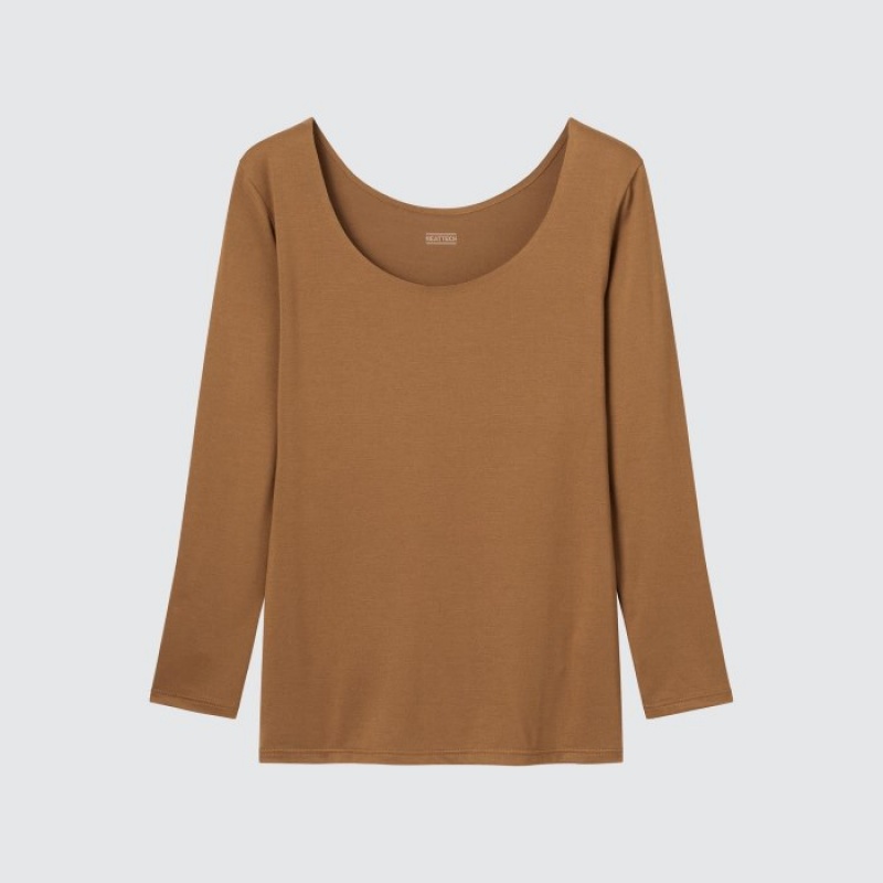 T Shirts Uniqlo HEATTECH Scoop Neck Long-Sleeve Femme Marron | 7918923