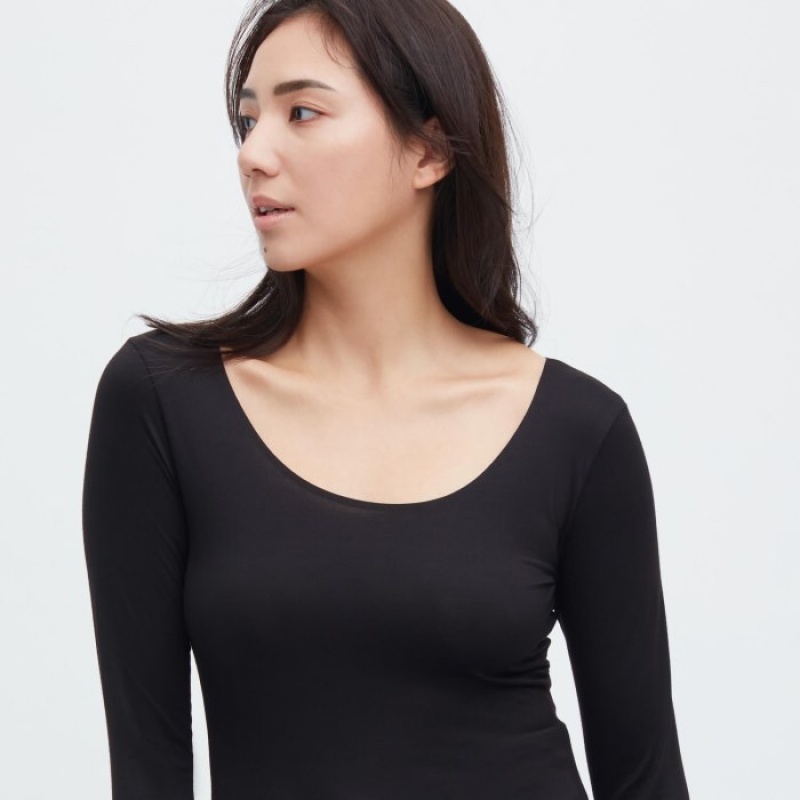 T Shirts Uniqlo HEATTECH Scoop Neck Long-Sleeve Femme Noir | 4811009