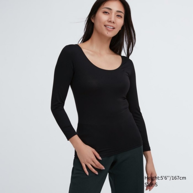 T Shirts Uniqlo HEATTECH Scoop Neck Long-Sleeve Femme Noir | 4811009