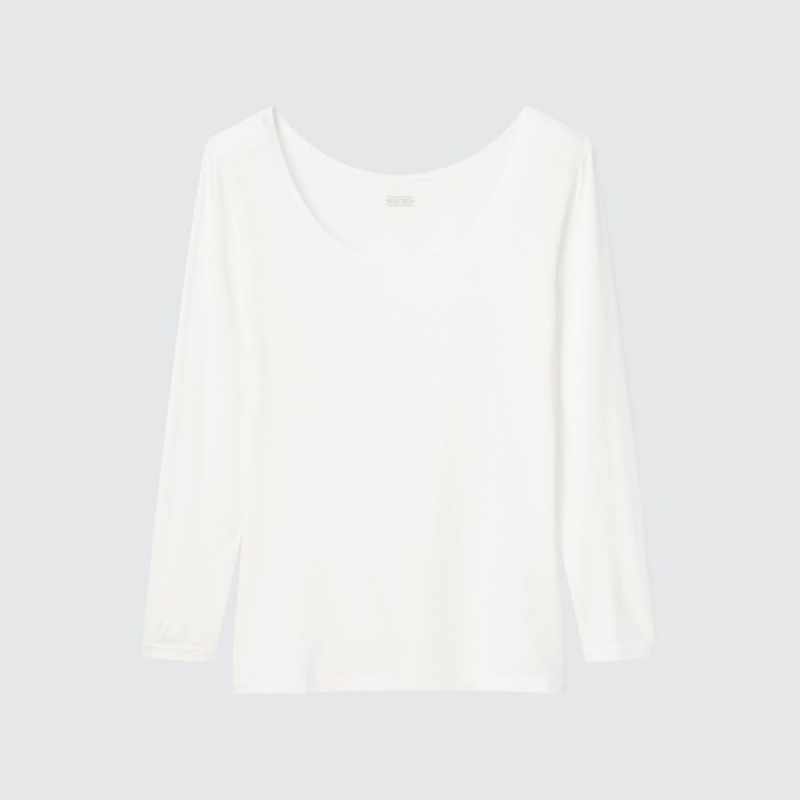 T Shirts Uniqlo HEATTECH Scoop Neck Long-Sleeve Femme Blanche | 3737900
