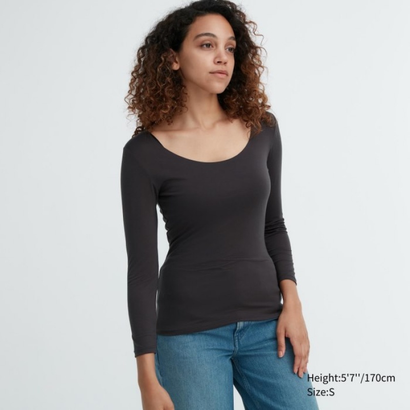 T Shirts Uniqlo HEATTECH Scoop Neck Long-Sleeve Femme Grise | 5670690