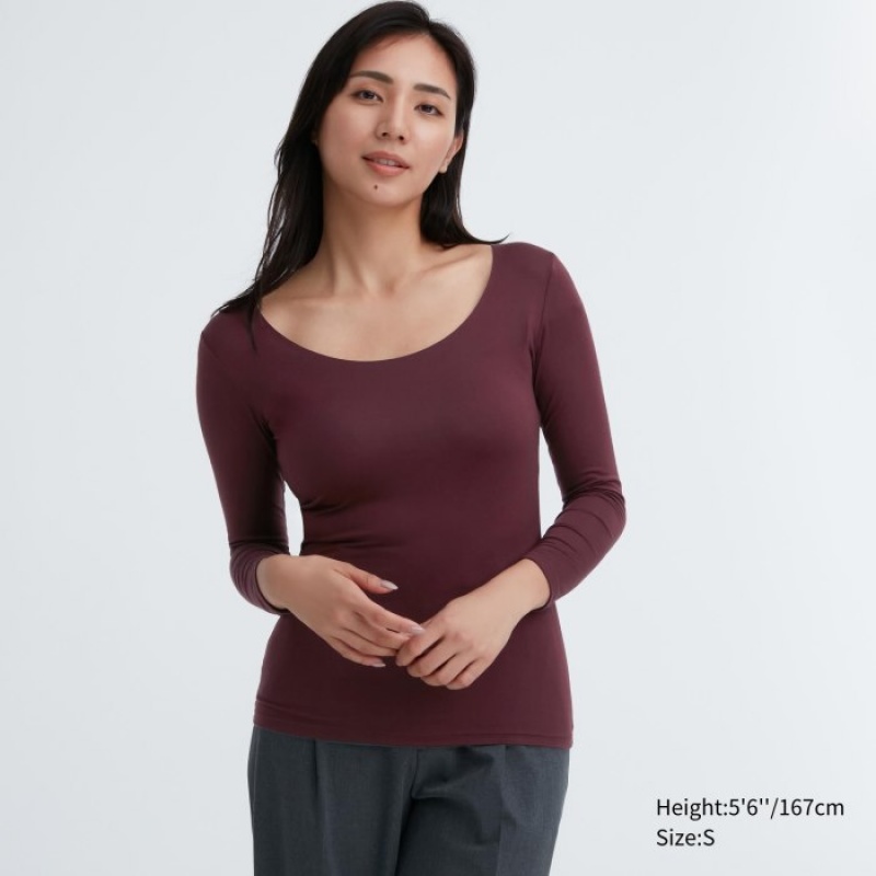 T Shirts Uniqlo HEATTECH Scoop Neck Long-Sleeve Femme Bordeaux | 191688