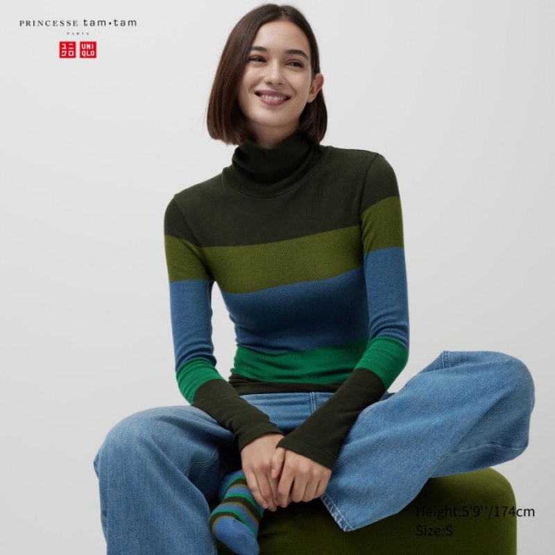 T Shirts Uniqlo HEATTECH Seamless Ribbed Extra Warm Femme Vert | 9105178