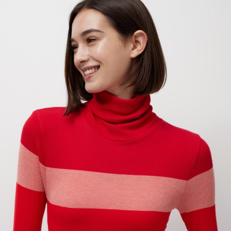 T Shirts Uniqlo HEATTECH Seamless Ribbed Extra Warm Femme Rouge | 9934159